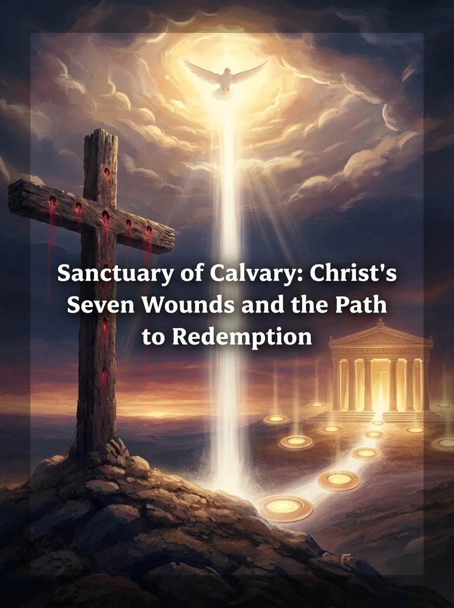 A spiritual scene with a large wooden cross on the left, with red marks indicating wounds, and a beam of light shining downward from a cloudy sky. A dove is flying near the light. In the background, there is a row of glowing circles leading to a classical building with columns. The image has a caption that reads, "Sanctuary of Calvary: Christ's Seven Wounds and the Path to Redemption."