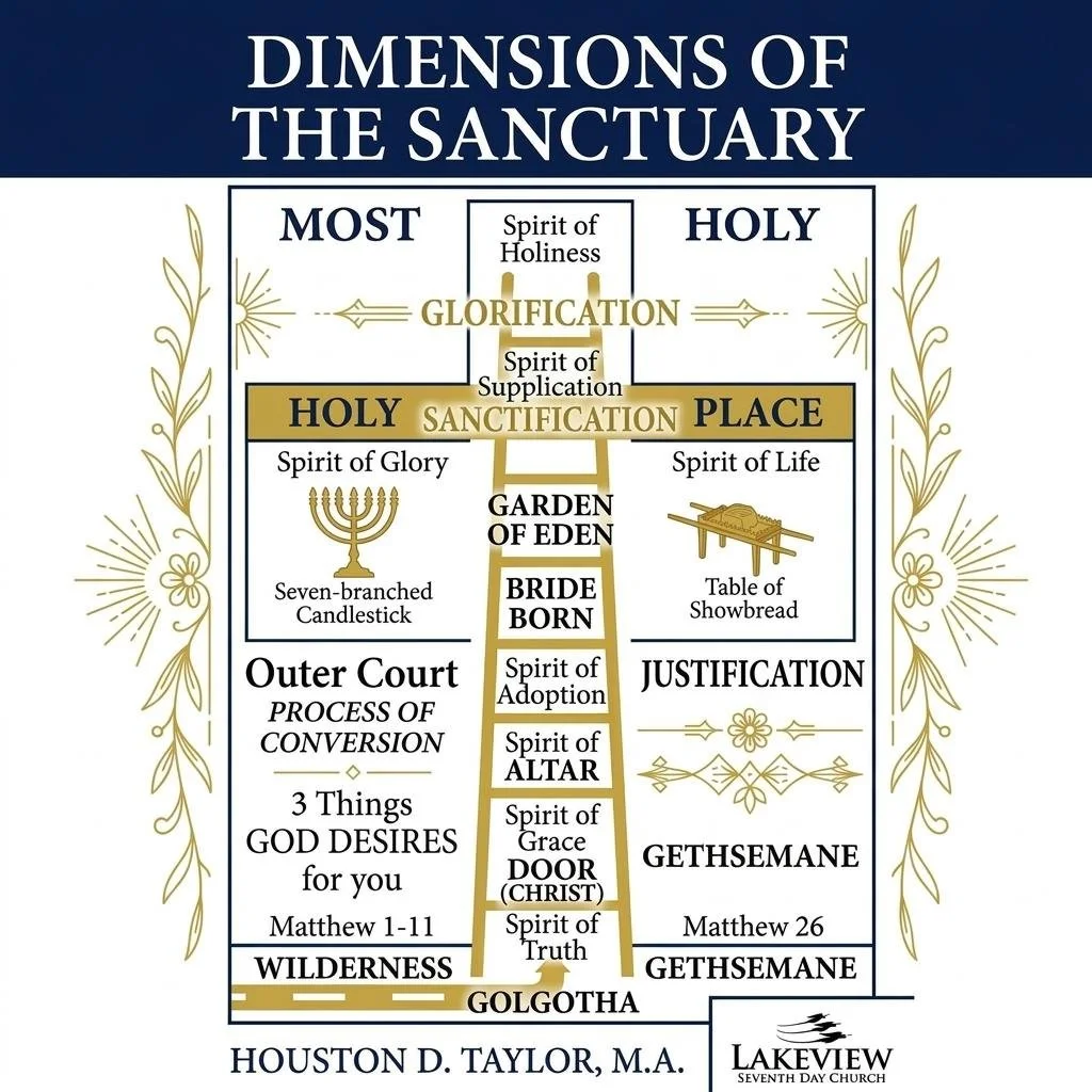A religious diagram titled 'Dimensions of the Sanctuary' with sections labeled Most Holy and Holy, including elements like the Spirit of Holiness, Spirit of Glory, and Spirit of Life. It depicts the Garden of Eden, Bride Born, and various spirits within the sanctuary, with mentions of trees, candlesticks, and showbread. The diagram includes references to scripture and is authored by Houston D. Taylor, M.A., from Lakeview Seventh Day Church.