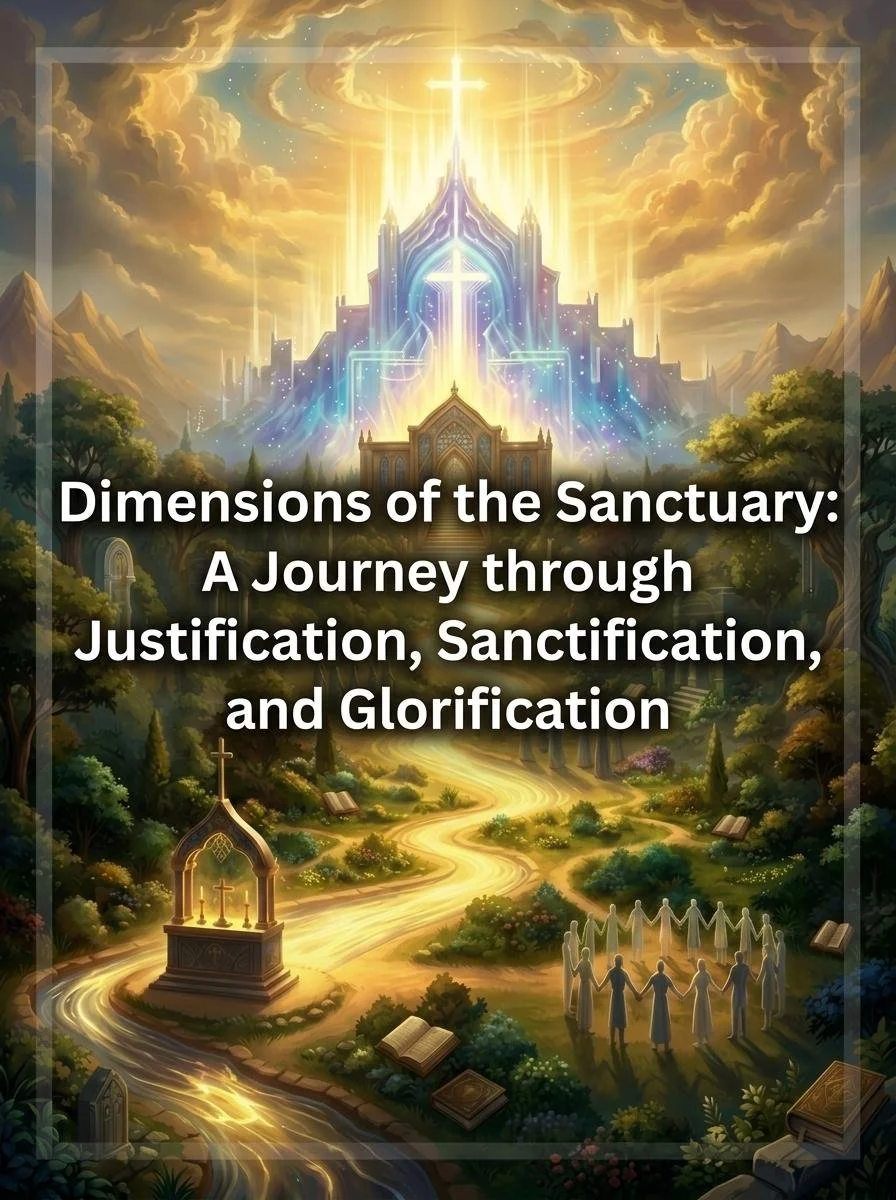 Illustration of a luminous, heavenly castle surrounded by lush greenery, trees, a winding path, and open books on the ground with a group of people holding hands in a circle nearby. The scene is bathed in golden light shining from above.