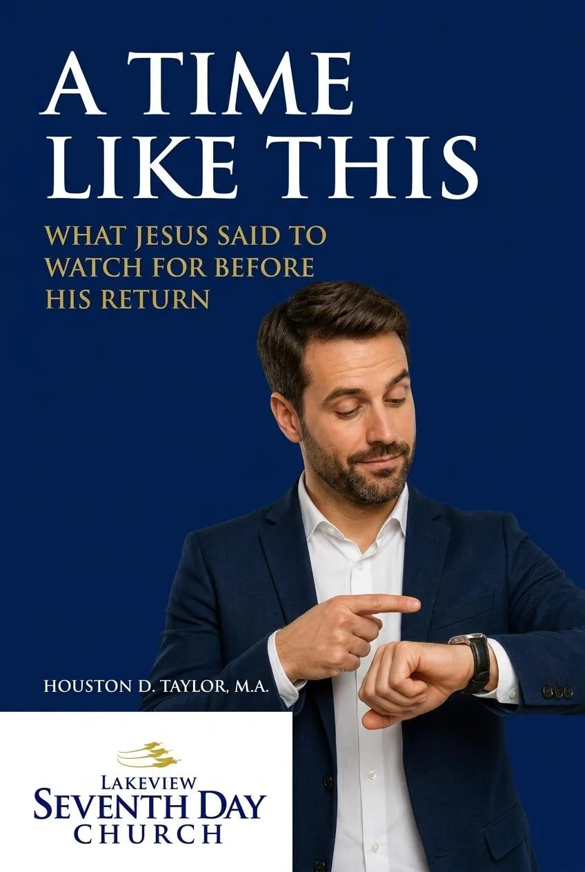 Book cover titled 'A Time Like This' by Houston D. Taylor, M.A., featuring a man in a suit looking at his watch. The book is associated with Lakeview Seventh Day Church.
