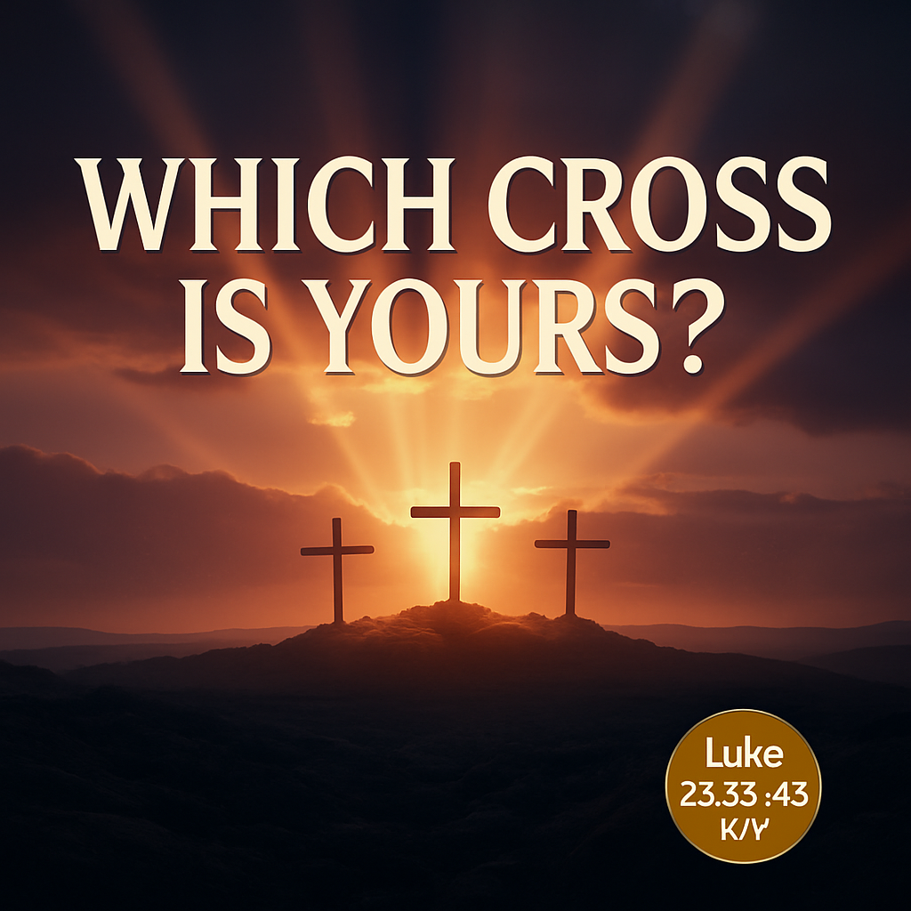 Three crosses stand on a hill during sunset with rays of sunlight behind them, and bold text over the image asks, 'Which cross is yours?'. A small circular badge with the name 'Luke' and biblical reference '23.33:43' is in the bottom right corner.