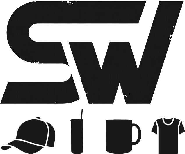 Black and white logo with the letters 'SW', a baseball cap, a spray paint can, a mug, and a T-shirt.