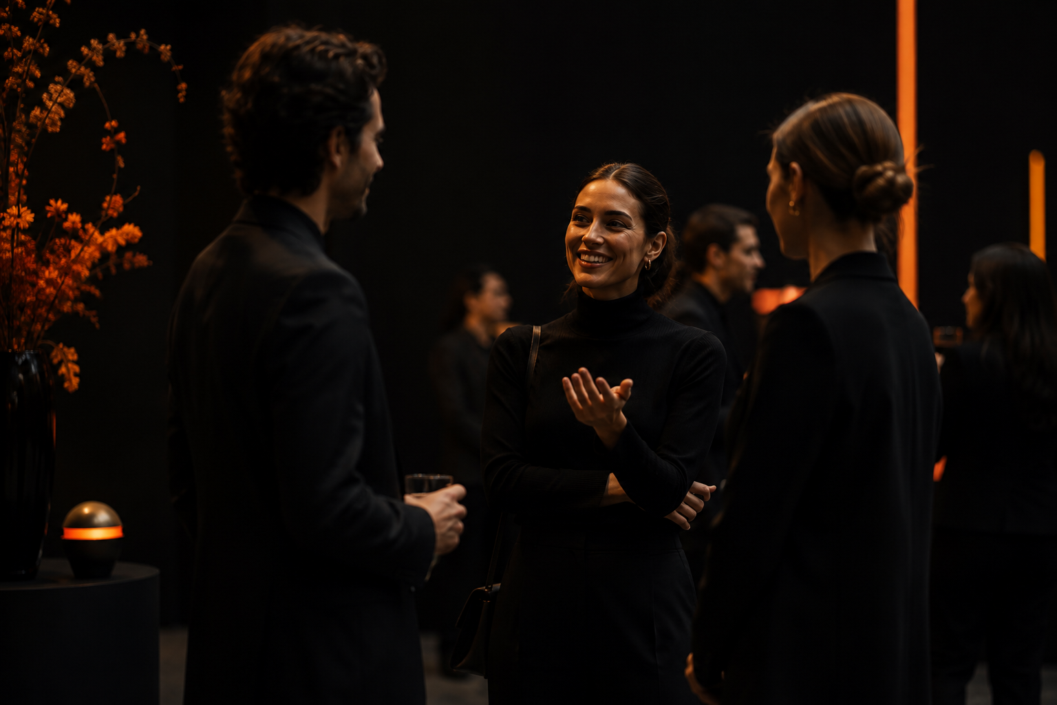 A woman smiling and engaging in conversation with two others at a dark indoor event, with orange floral decorations and lighting in the background.