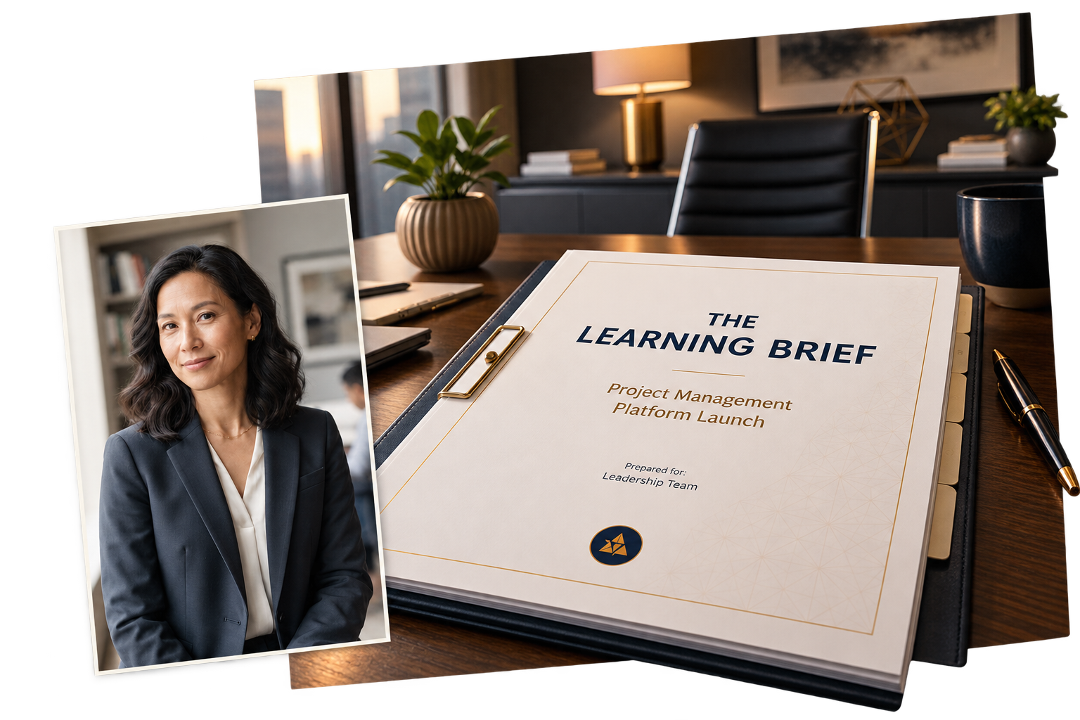 The Learning Brief project artifact for a project management platform launch, paired with a portrait of project lead Mina.