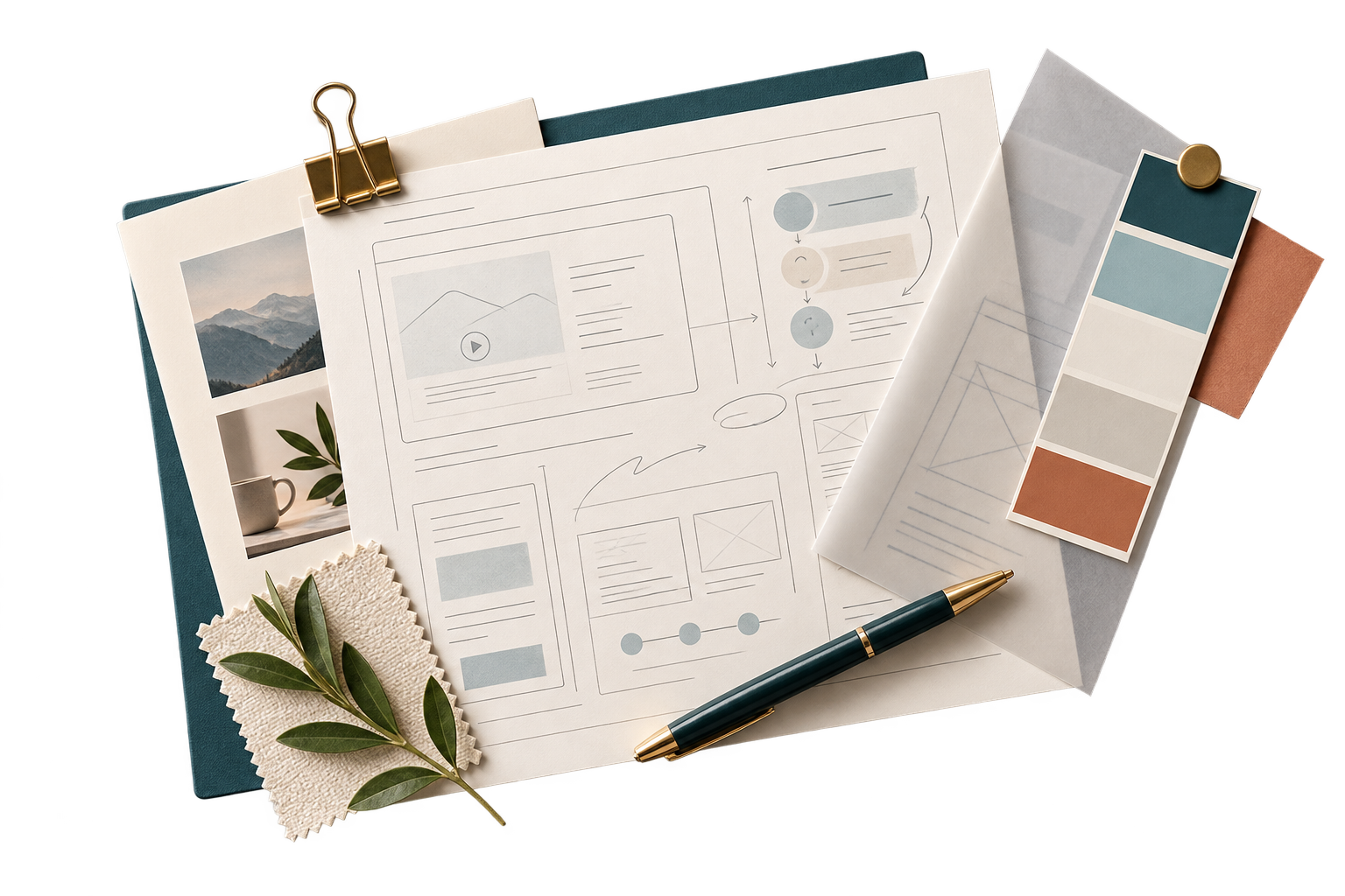 Editorial design workspace with wireframes, color swatches, and concept sketches representing a learning experience in development.