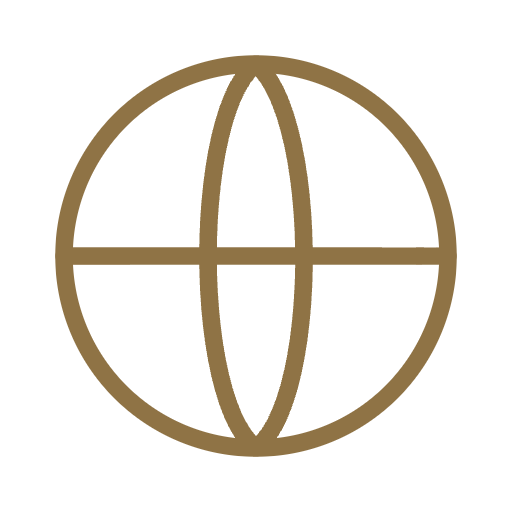 a stylized globe icon in brown on a black background