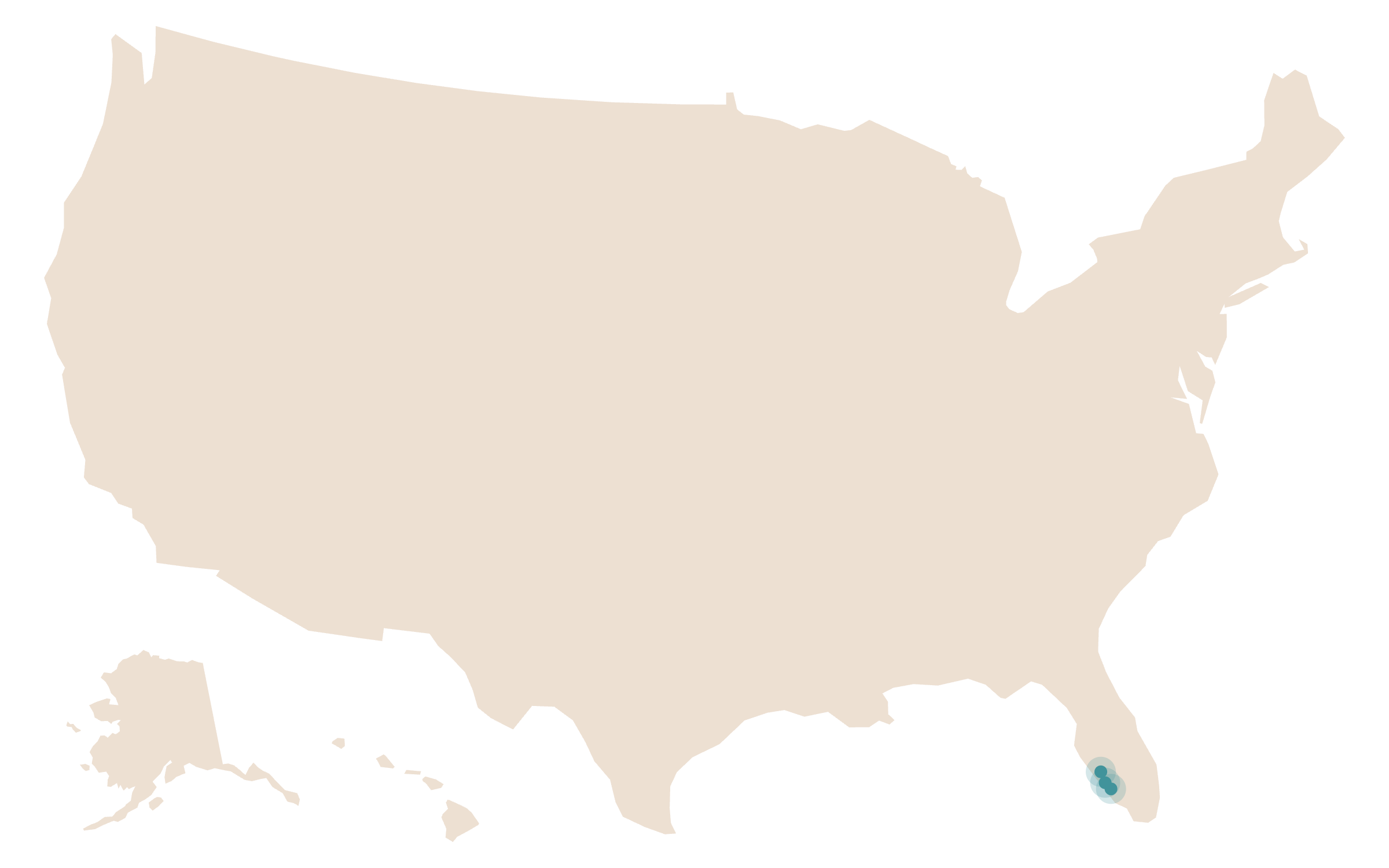 Map of the United States with a cluster of three circles in Florida indicating a location.