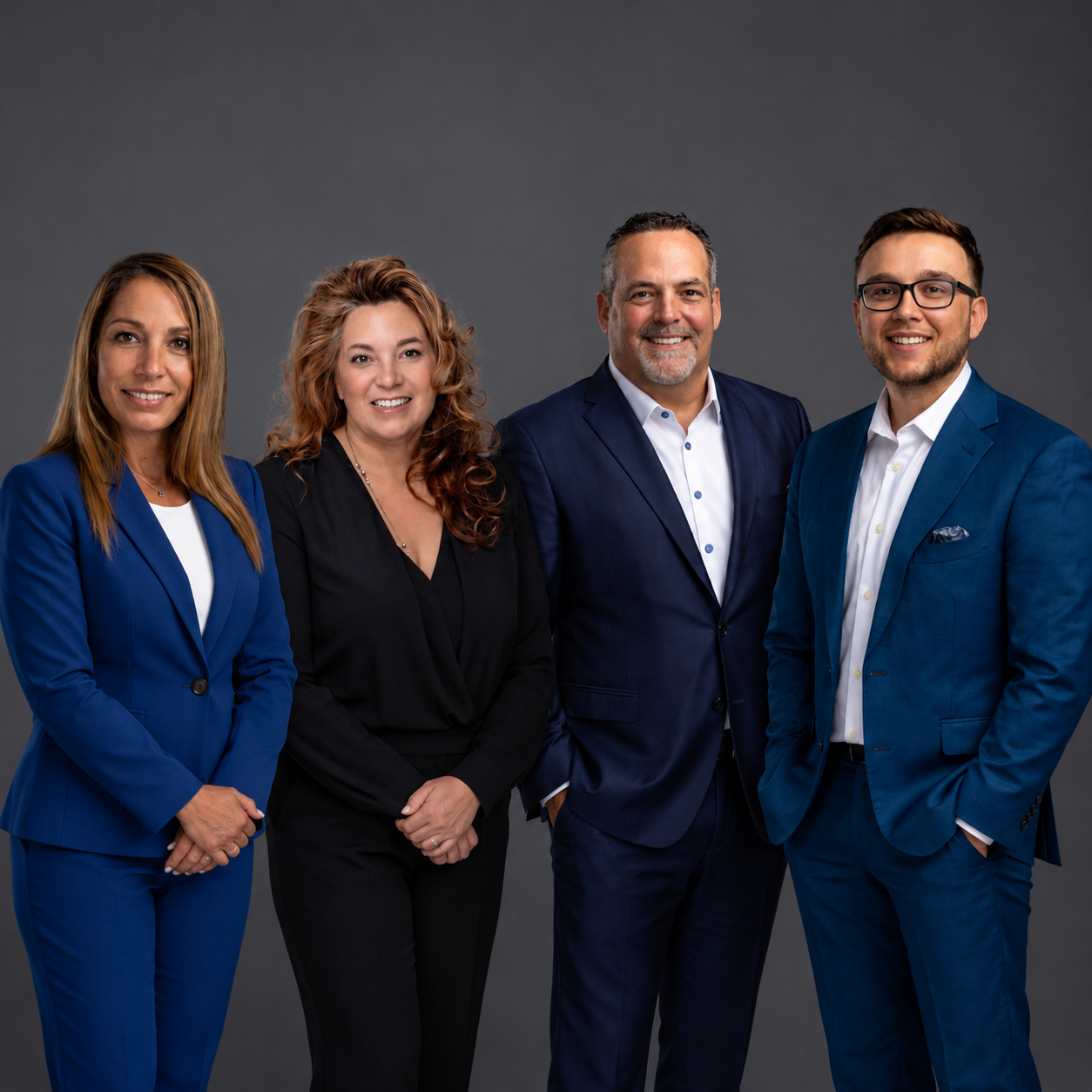 Four professionals in business suits smiling against a gray background, posing for a group photo.