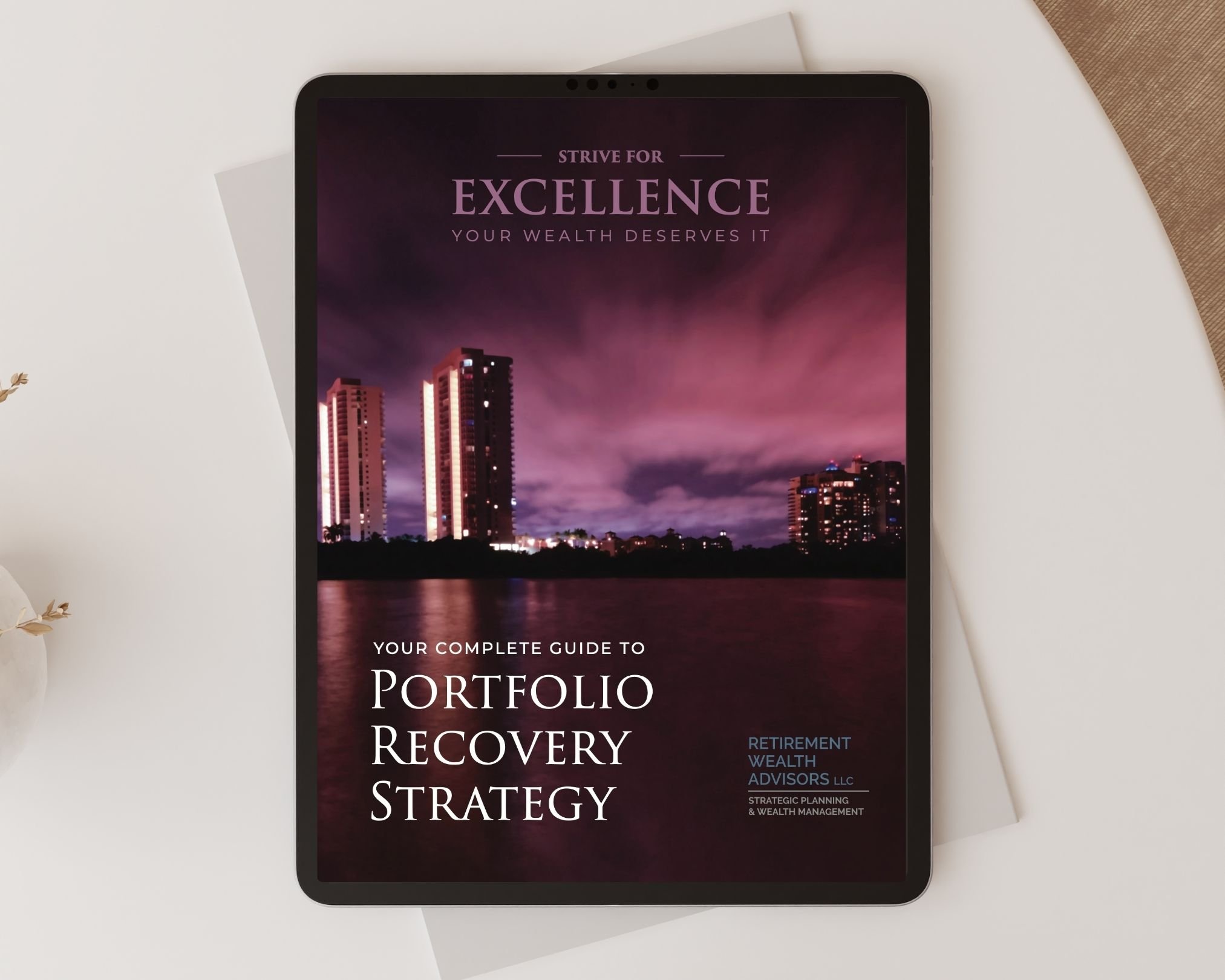 Cover of a guide titled 'Your Complete Guide to Portfolio Recovery Strategy' with cityscape at dusk in the background.