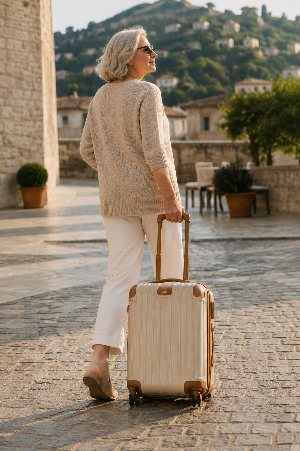 An older woman with gray hair, sunglasses, wearing a beige sweater and white pants, pulls a beige rolling suitcase on a cobblestone street.