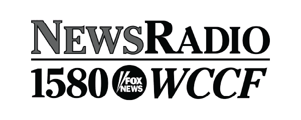 Logo of News Radio 1580 WCCF, featuring text in black with the station's call sign and frequency.