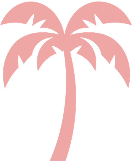 A stylized, pink palm tree with fronds and a curved trunk.