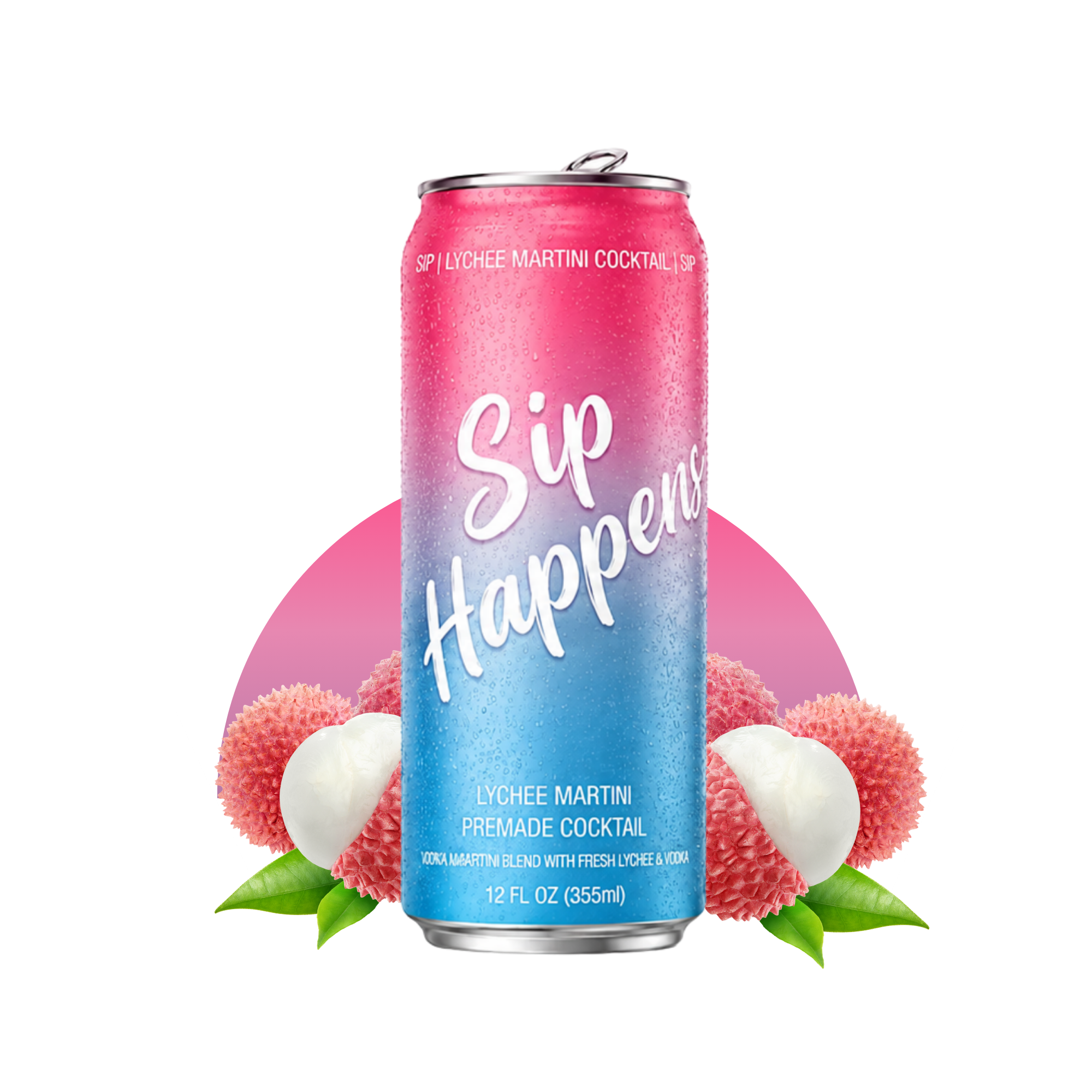 A can of Sip Happens Lychee Martini Cocktail and contains a colorful gradient with white text, surrounded by lychee fruits and green leaves.