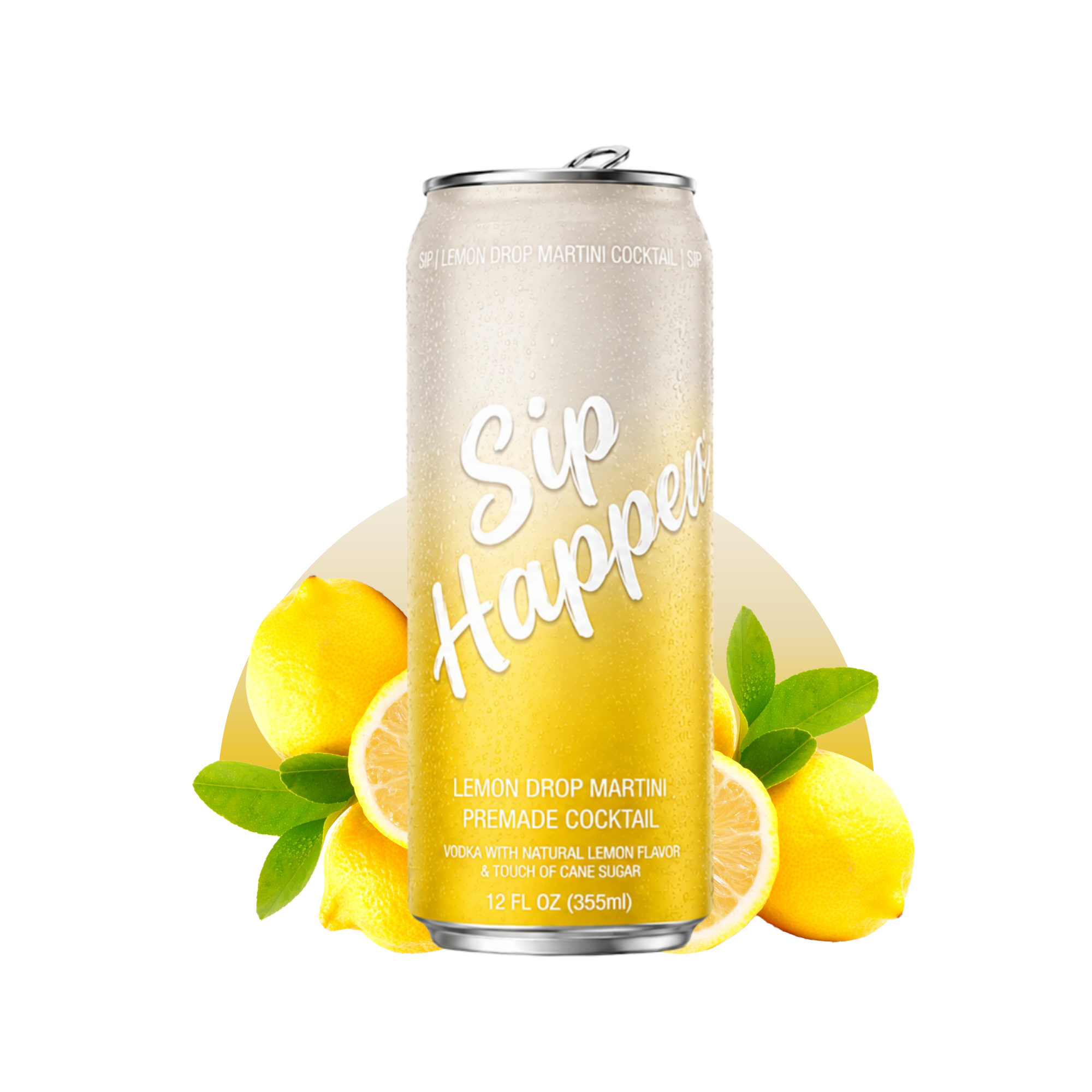 A can of Sip Happens lemon drop martini cocktail surrounded by fresh lemons and green leaves.