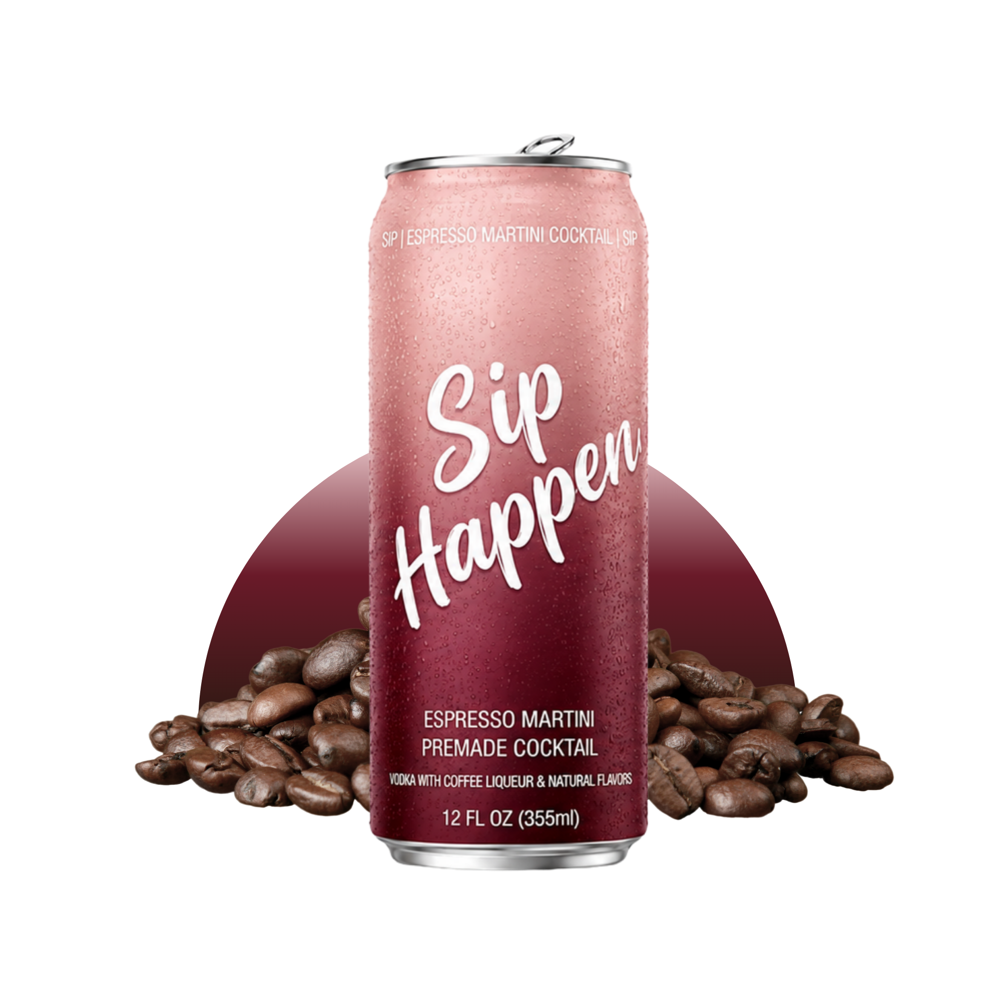A pink can of Sip Happens espresso martini cocktail surrounded by coffee beans.