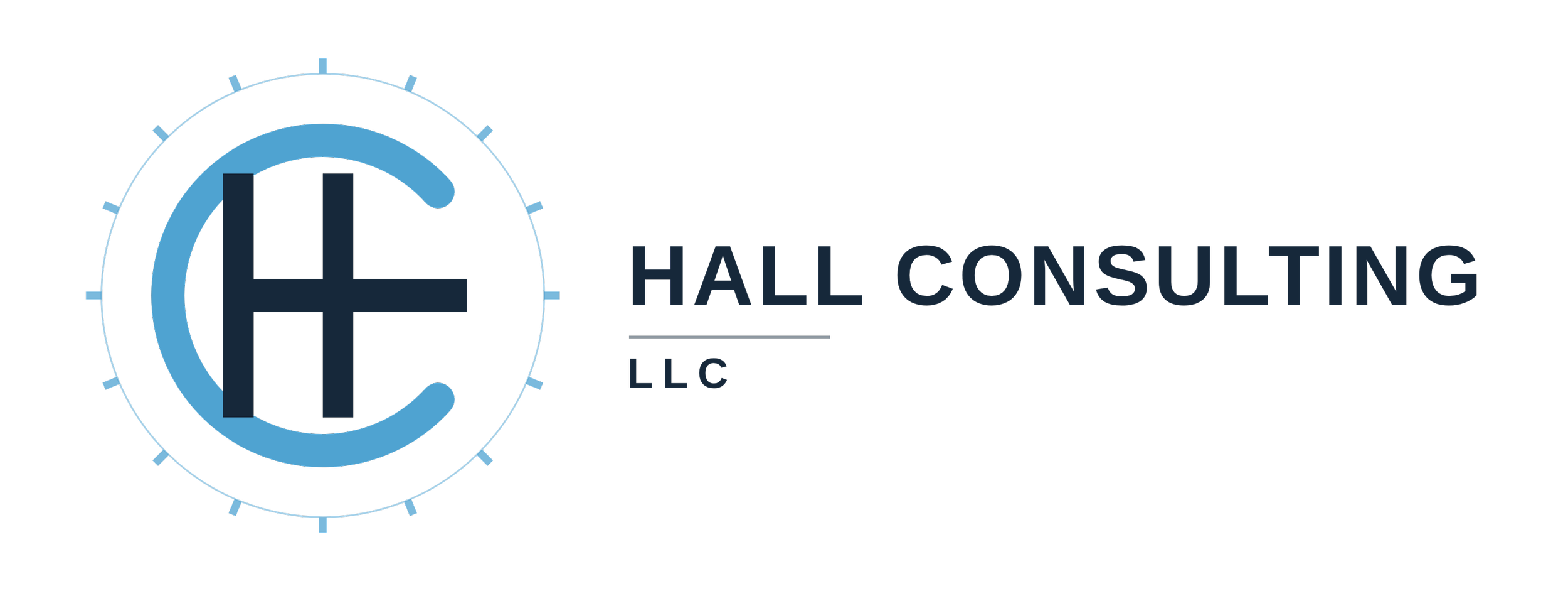Logo of Hall Consulting LLC, featuring a stylized monogram 'HC' in a circular design with a gear-like border.