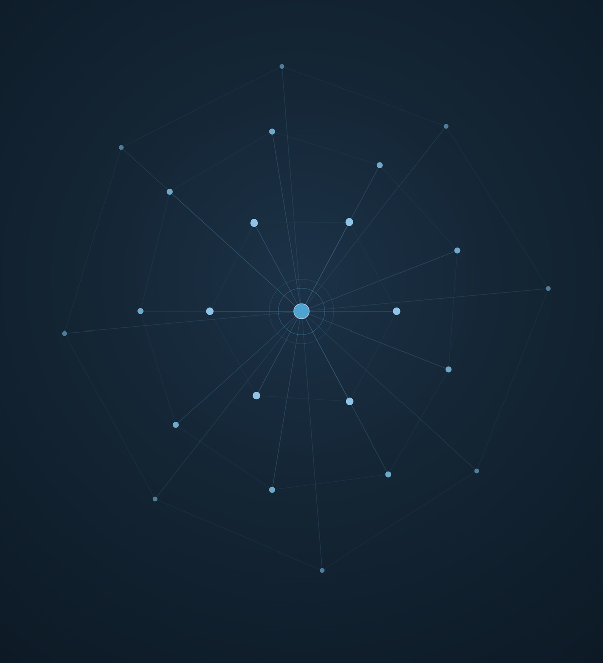 Digital network visualization with numerous interconnected nodes on a dark background.