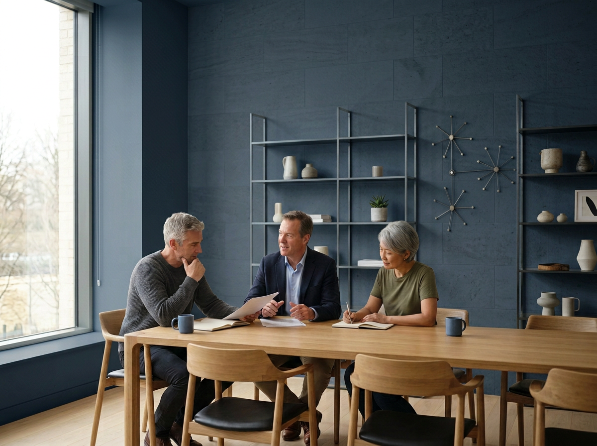 Three people, two men and one woman, are sitting at a wooden table in a modern office or meeting room, engaged in a discussion. One man is examining documents, while the other man is smiling and holding a paper. The woman is taking notes. There are three coffee mugs on the table. The room has a large window to the left, a blue wall with minimalist shelving holding various vases and decorative items, and geometric wall art.