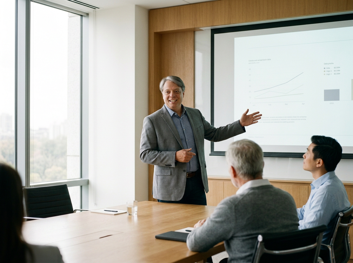 Businessman giving a presentation in a conference room with a projection screen showing a line graph and bar chart, and three seated audience members listening.