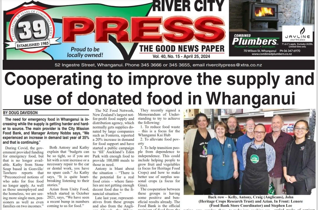 Front page of River City Press newspaper, issue dated April 25, 2024, featuring a headline about cooperation to improve supply and use of donated food in Whanganui, with a photo of a group of people in discussion.