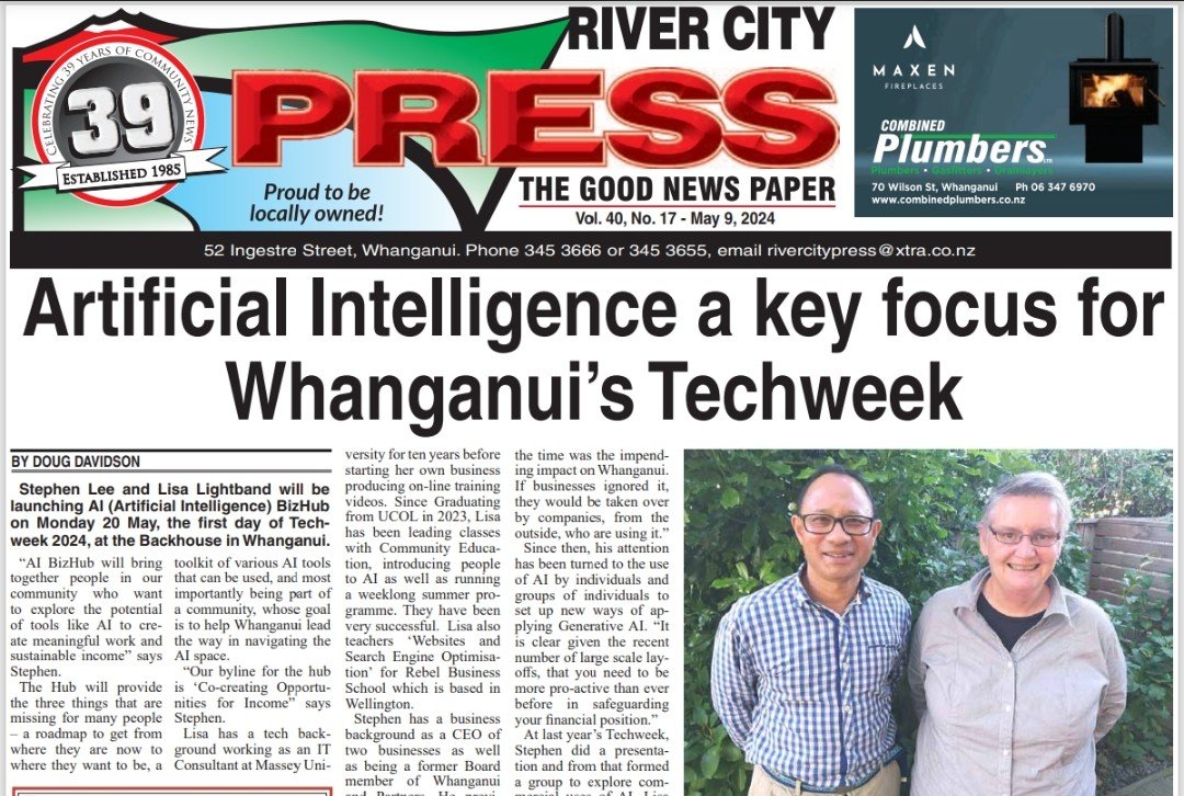 Front page of the River City Press newspaper featuring a headline about artificial intelligence at Whanganui's Techweek, with a photo of two men standing outdoors.