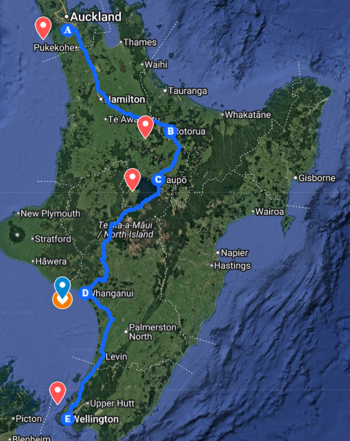 Map showing the North Island of New Zealand with a marked route from Auckland to Wellington passing through various points.