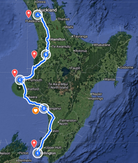 Map showing a route across New Zealand with multiple marked points labeled A through E, passing through cities including Pukekohe, Auckland, and Wellington.