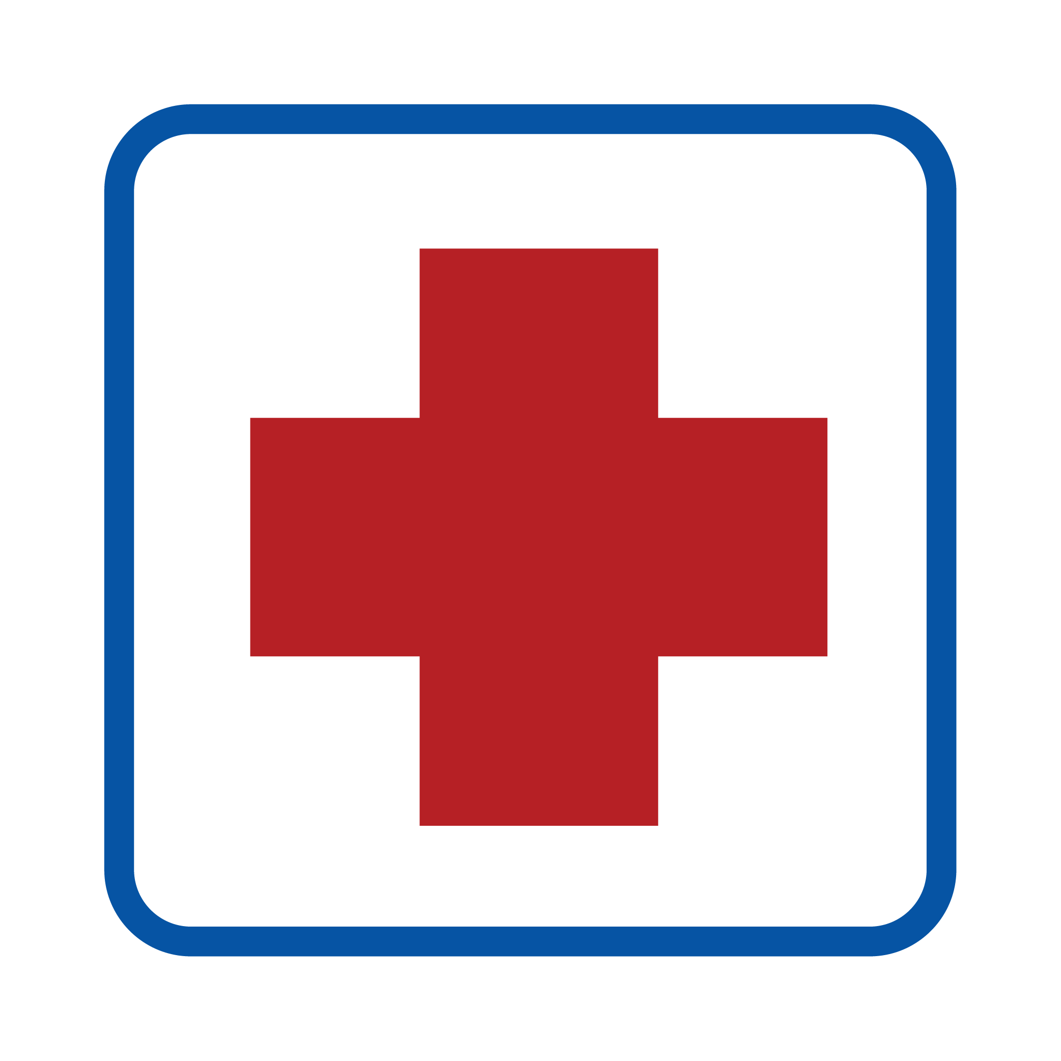A red plus representing medical care, enclosed within a blue rounded rectangle outline.