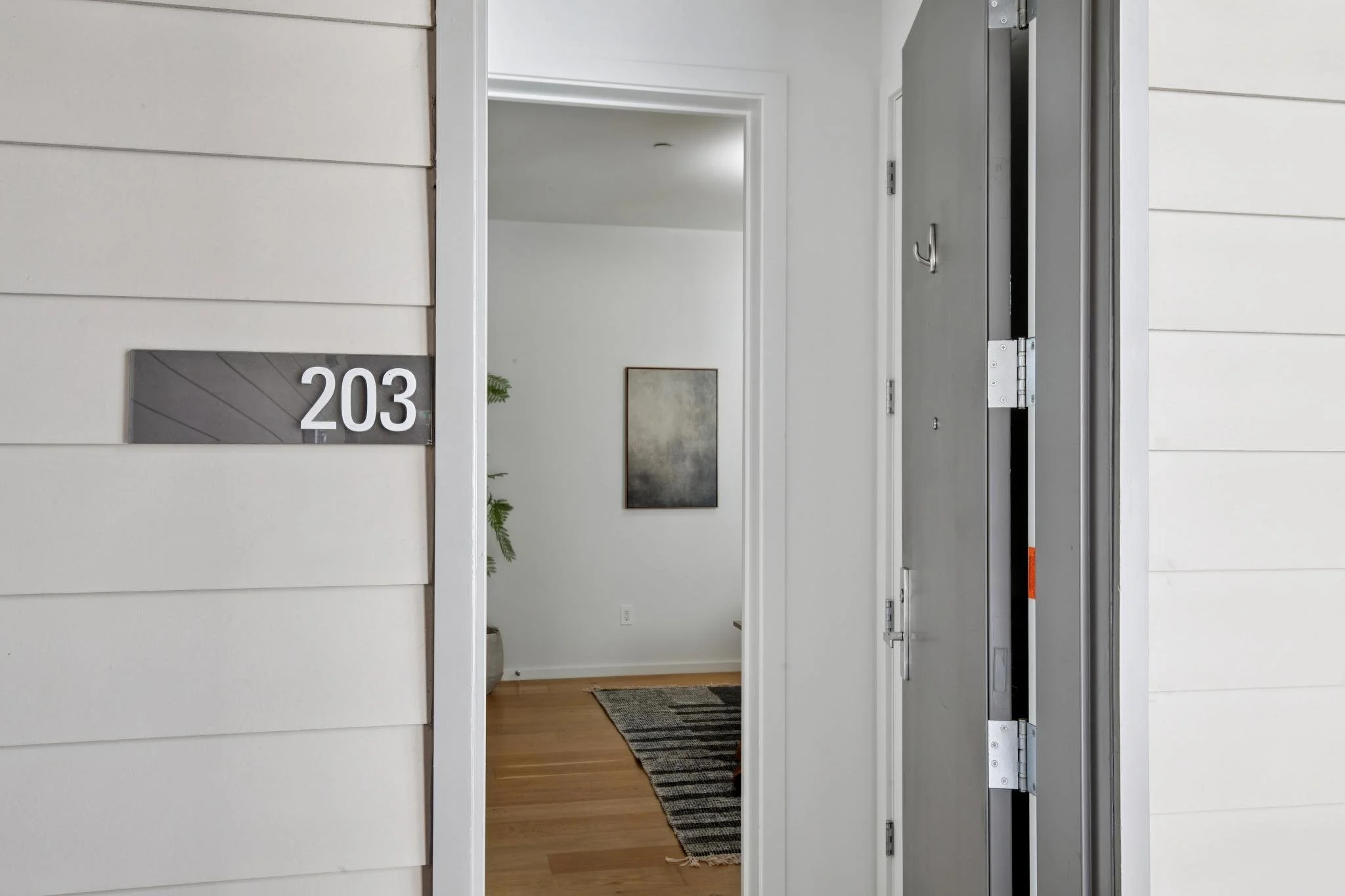 View of an interior room through a door with a visible number 203 on the outside wall, showing a hallway with framed wall art, a plant, and a rug on wooden flooring.
