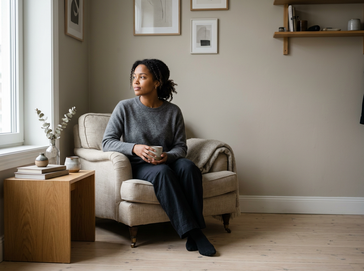 A woman sitting on a beige armchair in a living room, holding a mug, looking out the window with a calm expression.