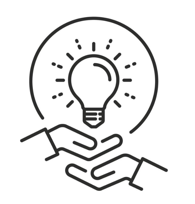 Illustration of two hands holding a lightbulb with light rays around it, symbolizing ideas or innovation.