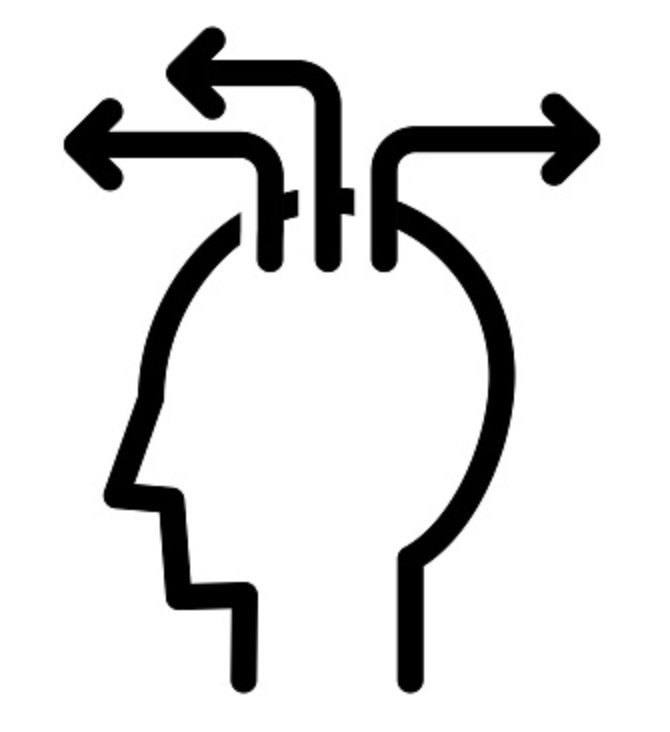 Outline of a human head with arrows pointing in different directions from the brain area, representing thinking or decision-making.