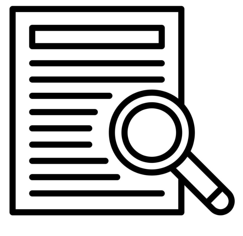 Outline icon of a document with lines of text and a magnifying glass over it.