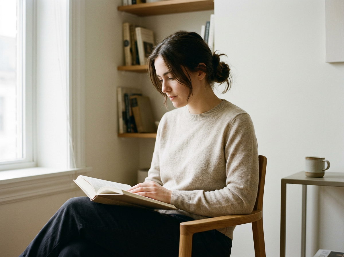 Woman sitting in a chair reading a book at home.
