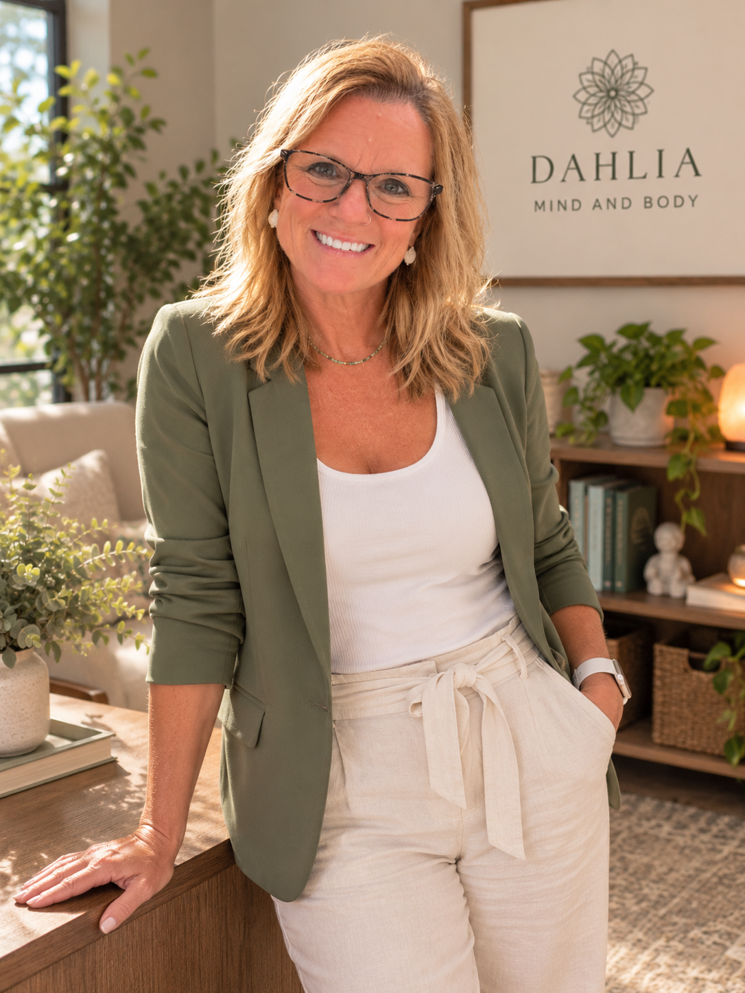 A smiling woman with glasses and blonde hair standing in an aesthetically decorated office space with plants and a sign reading 'Dahlia Mind and Body' in the background.