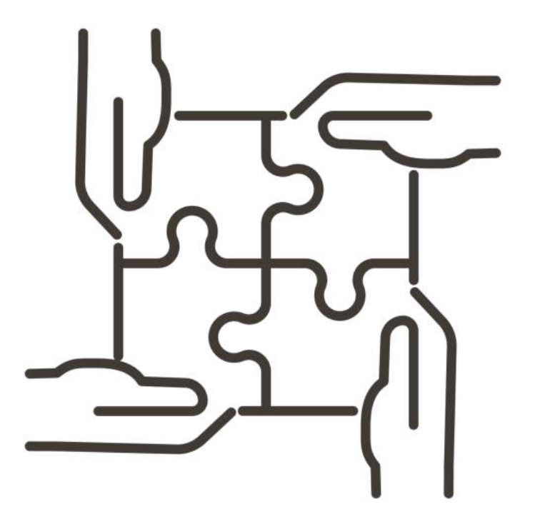 A line art illustration of four hands connected around four puzzle pieces.