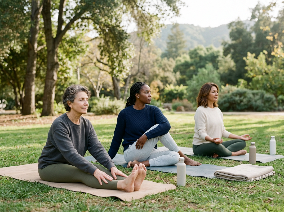 Three women participating in an outdoor yoga or meditation session in a park surrounded by trees and greenery, sitting on mats with water bottles nearby.