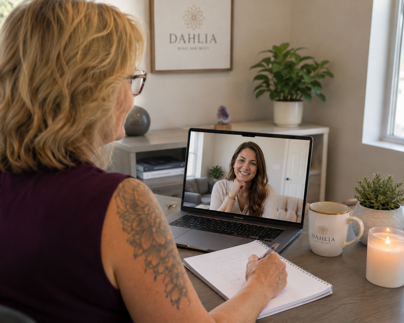 A woman with glasses and a tattoo on her arm participates in a video call on her laptop, where she sees another woman smiling. The desk has a notebook, a coffee mug labeled 'Dahlia,' a plant, and a lit candle. The background includes a framed Dahlia logo, a potted plant, and a window.