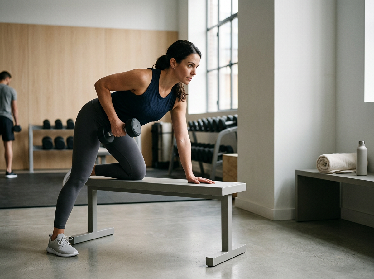 A woman in athletic clothing performs a one-arm dumbbell row exercise on a bench in a gym, with a man in the background lifting dumbbells.