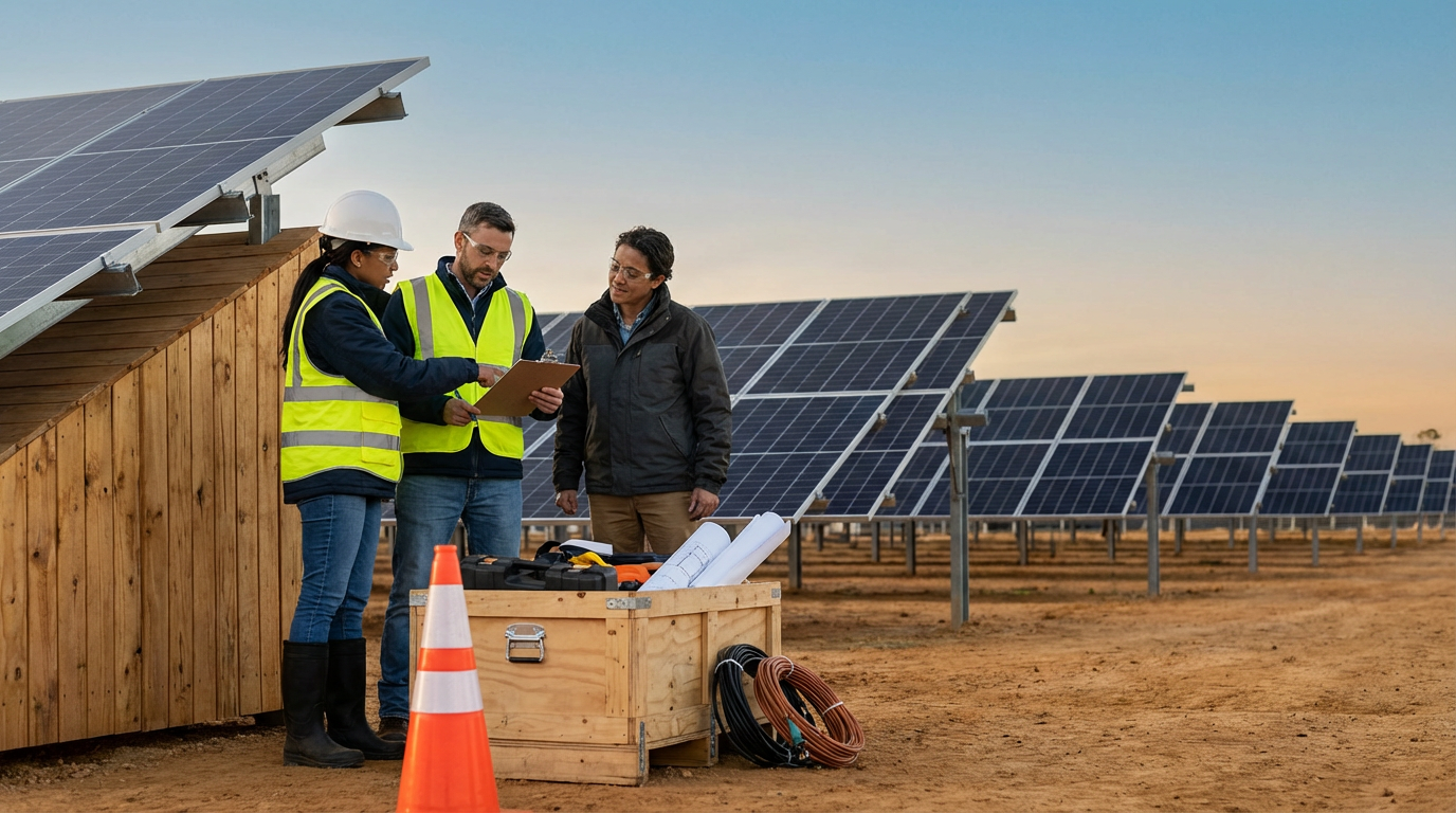 Three workers in safety vests and one in a hard hat review documents at a solar panel installation site during sunset, with rows of solar panels in the background.