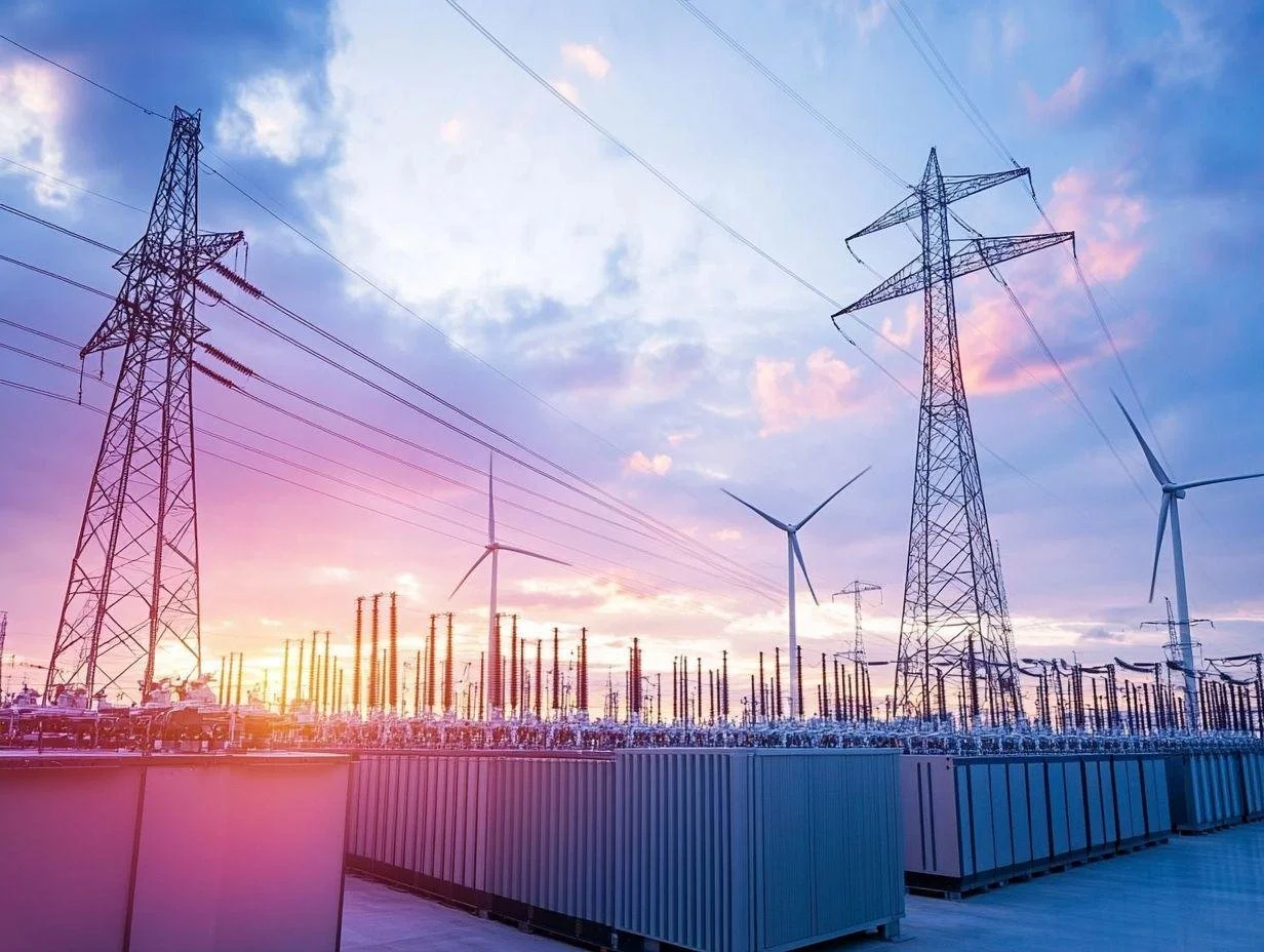 A power generation facility with electrical transmission towers, wind turbines, and a fence under a partly cloudy sky at sunset.