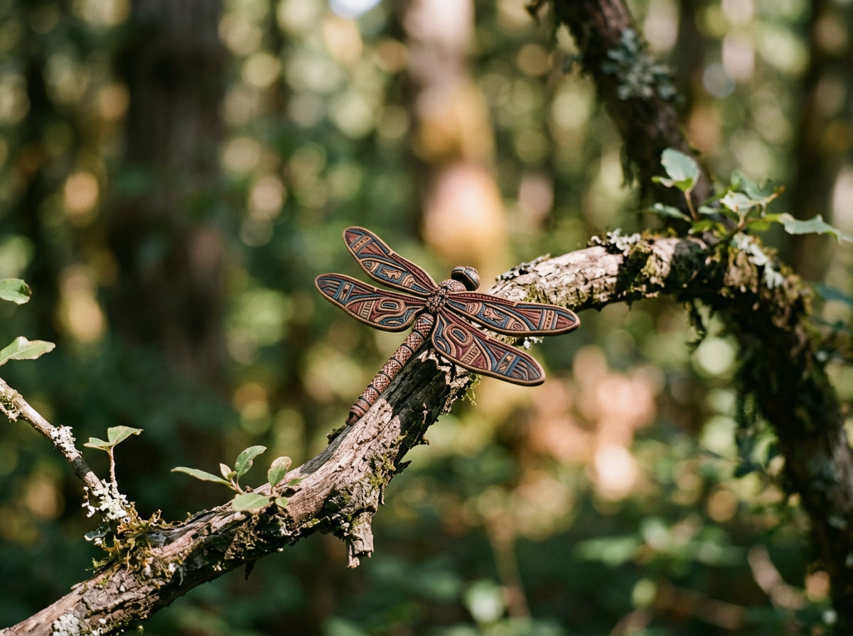 A dragonfly with intricate, colorful wing patterns perched on a tree branch in a lush forest.