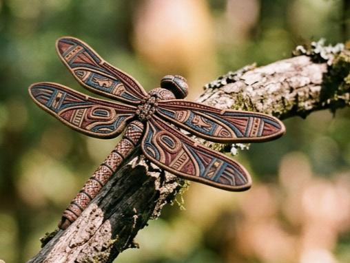 Close-up of a colorful dragonfly resting on a tree branch in a natural setting