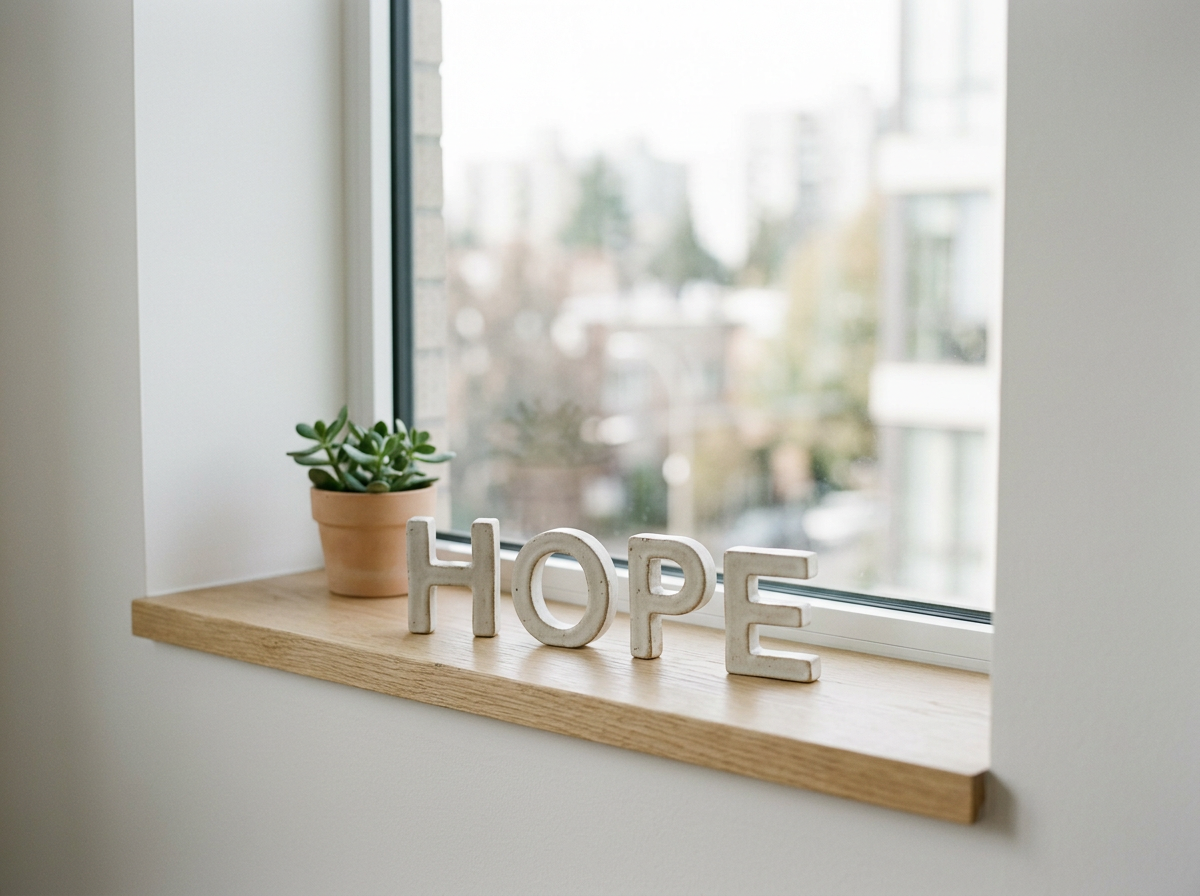 A window sill with a small potted succulent plant and white decorative letters spelling 'HOPE'