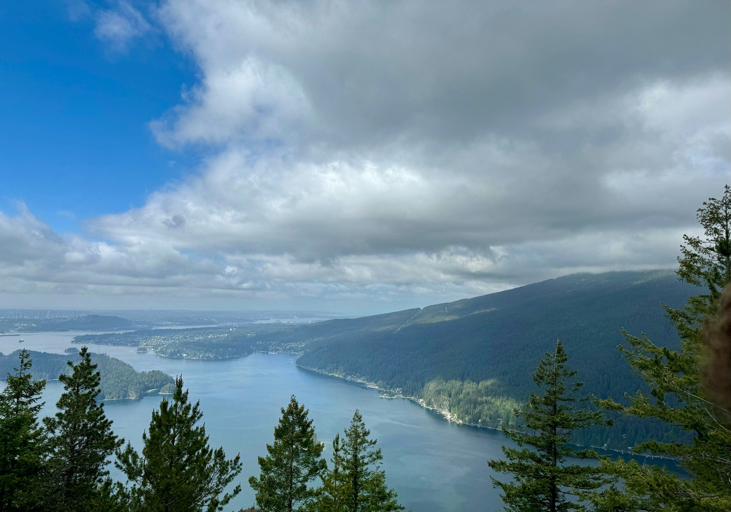 Aerial view of Anmore, BC and the surrounding inlet