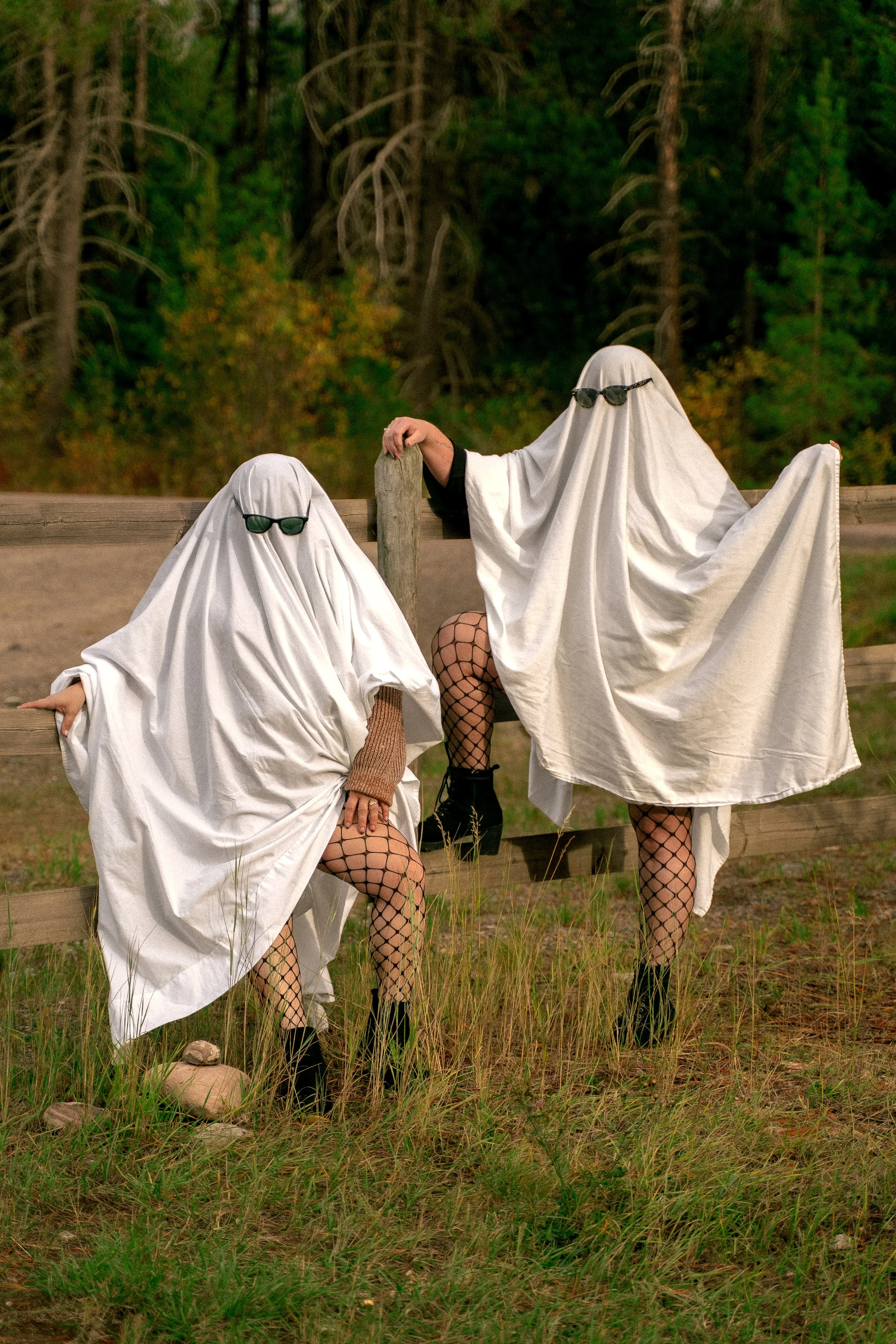 Two people dressed as ghosts pose in sunglasses on a wooden fence in a grassy field.
