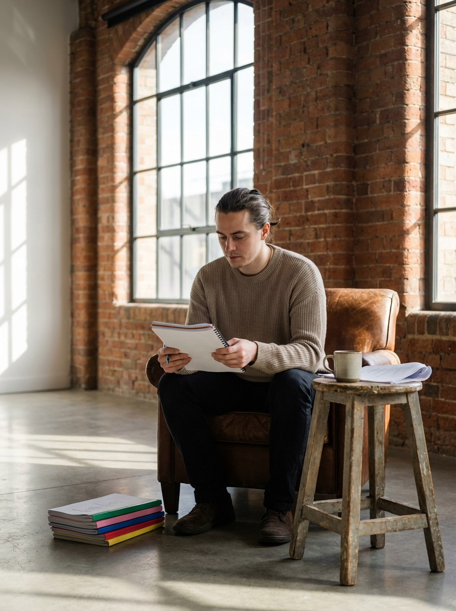 A man sitting in a brown leather armchair in front of large industrial-style windows, reading a notebook. Beside him is a small wooden table with a mug and papers, and on the floor are stacked colorful binders.
