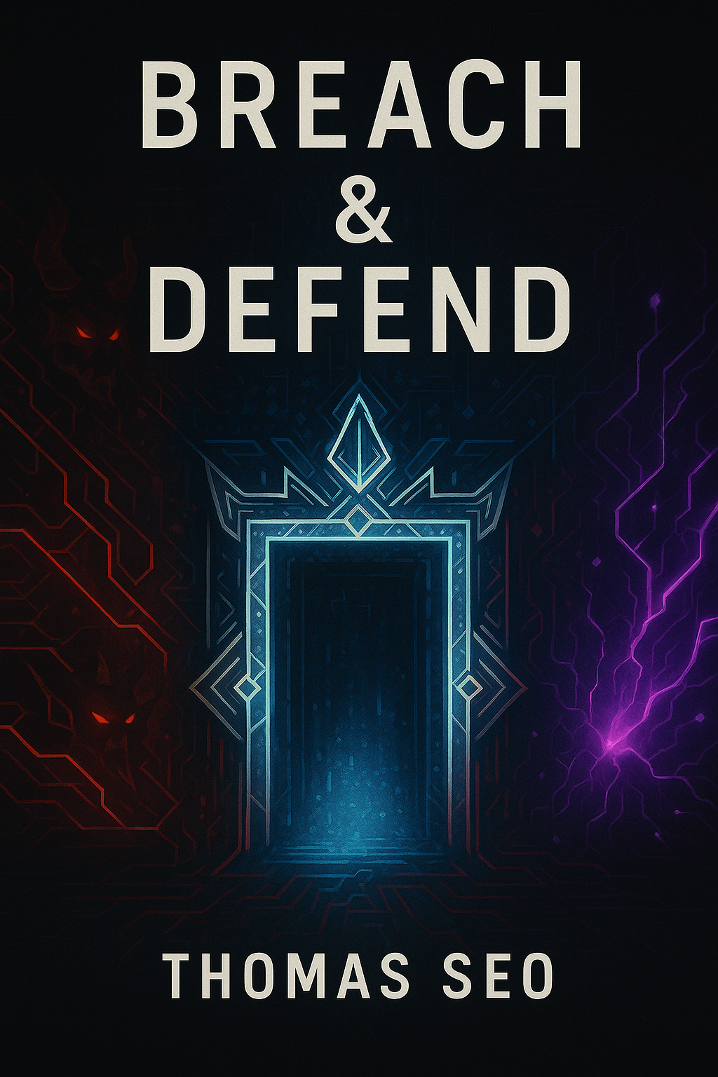 Book cover titled 'Breach & Defend' by Thomas Seo, featuring a glowing digital doorway with red and purple lightning effects on either side.