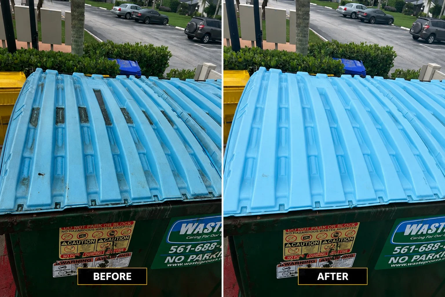 Comparison of a blue dumpster; before cleaning, it has noticeable black grime and dirt on the lid, while after cleaning, the lid is visibly cleaner and brighter.