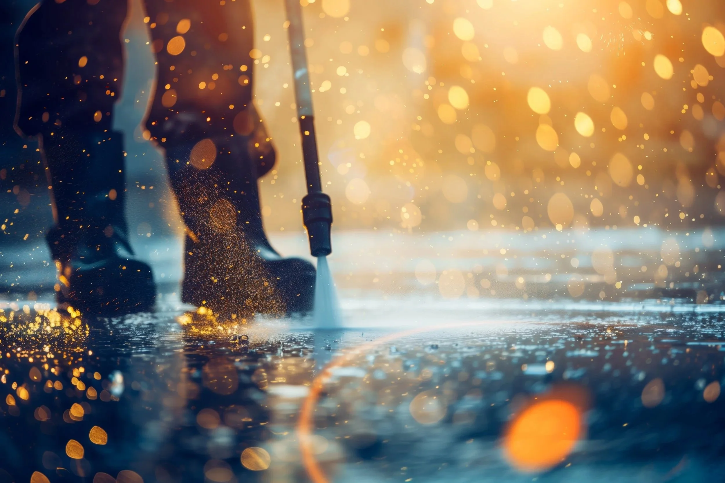 Close-up of a person pressure washing, water droplets flying, with warm orange and yellow glow in the background.